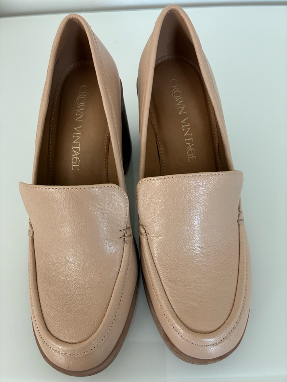 Crown Vintage Blush Pink Leather Block Heel Loafers